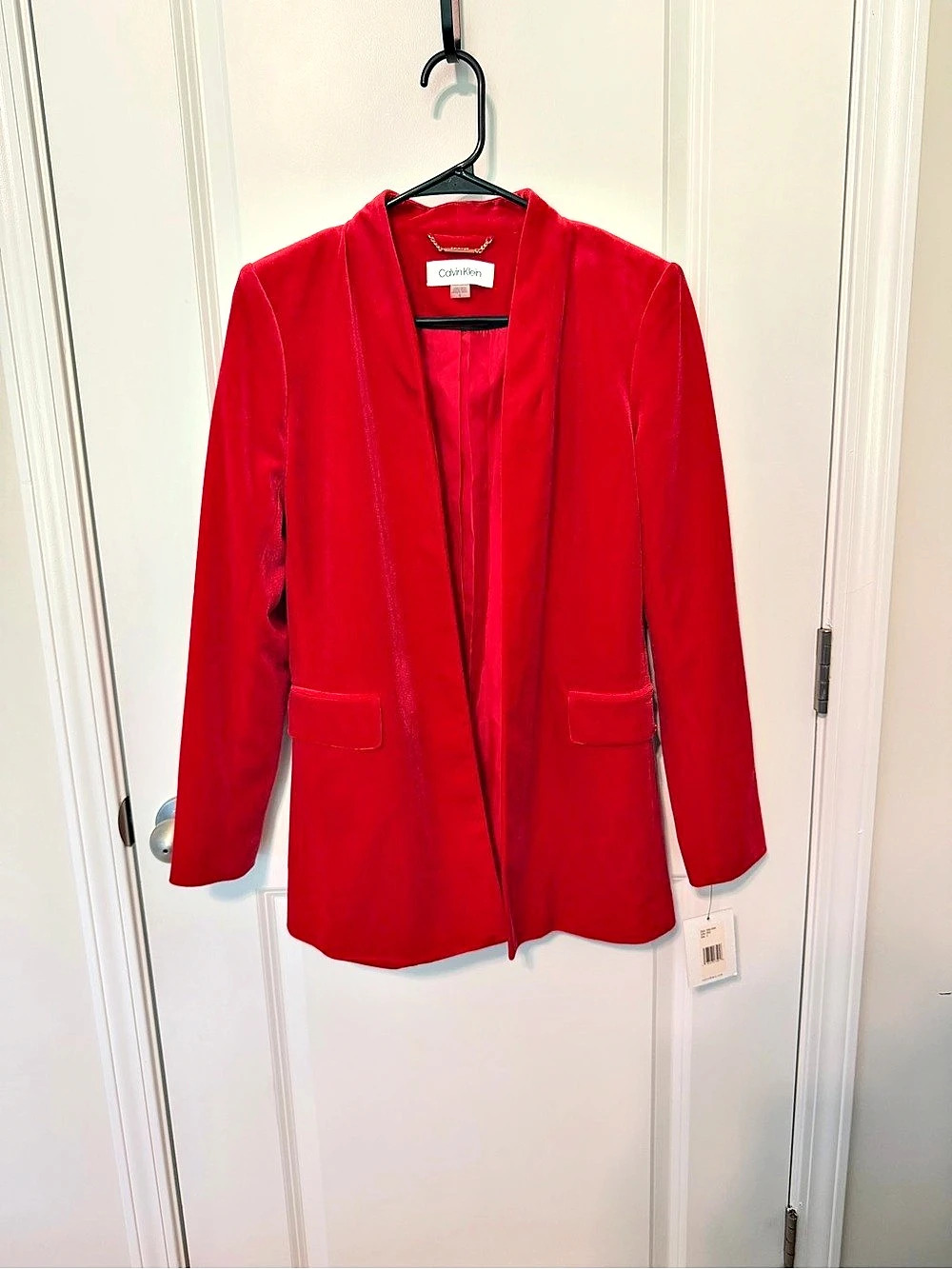Calvin Klein Open Front Velvet Blazer Red